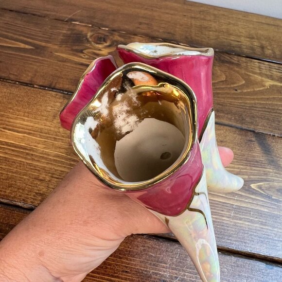 Vintage MCM Vase Pink Fuchsia Gold Lusterware Tricorn Mid Century Modern - Picture 6 of 11